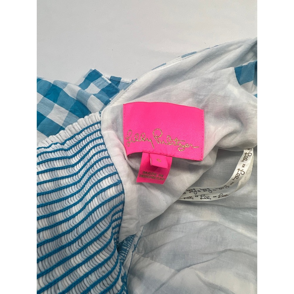 Lilly Pulitzer Gingham Tie-Front Top Puff Sleeve Blue White Blouse - Picture 5 of 5
